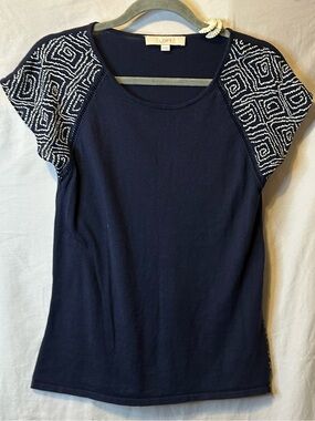 LOFT Navy Tee with Geometric Patterned Cap Sleeves
